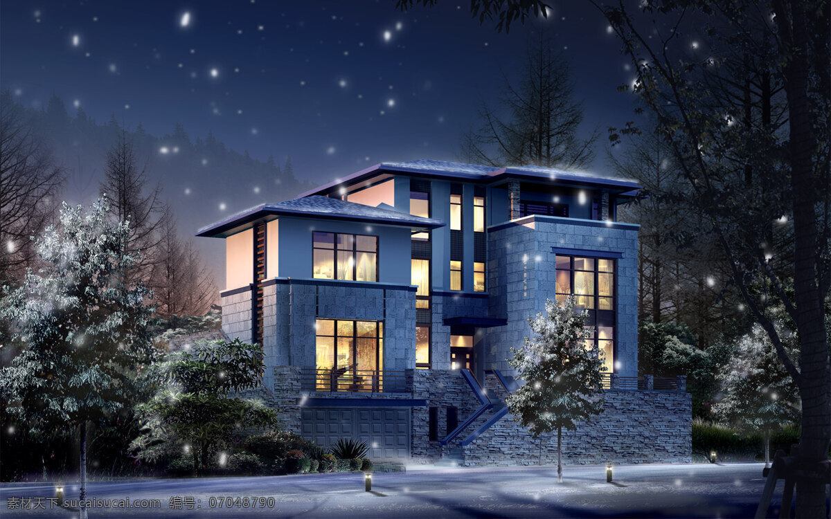 雪夜 温暖 3dmax 环境设计 建筑设计图片 设计图 家 现代 三 层 居家 别墅 家居装饰素材