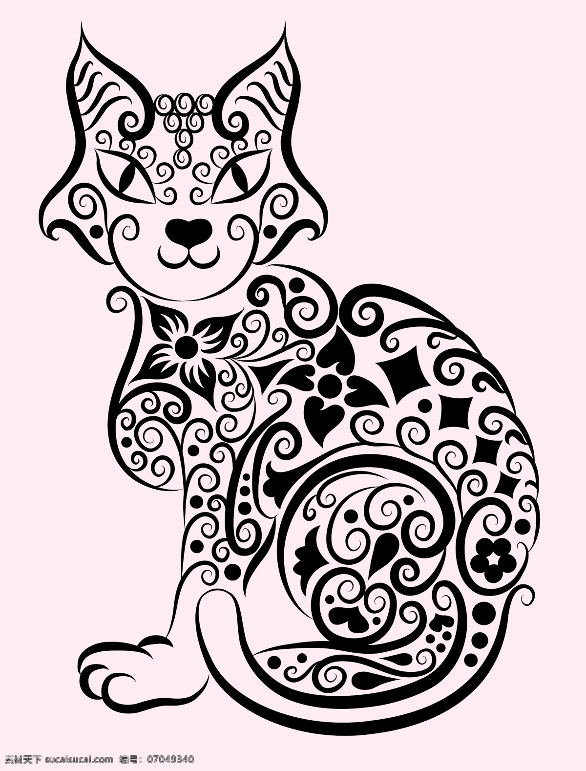 小猫 图案 手绘 稿 刺青 动物 花纹 剪影 猫 矢量素材 图形 纹身 线稿 线条 矢量图 其他矢量图