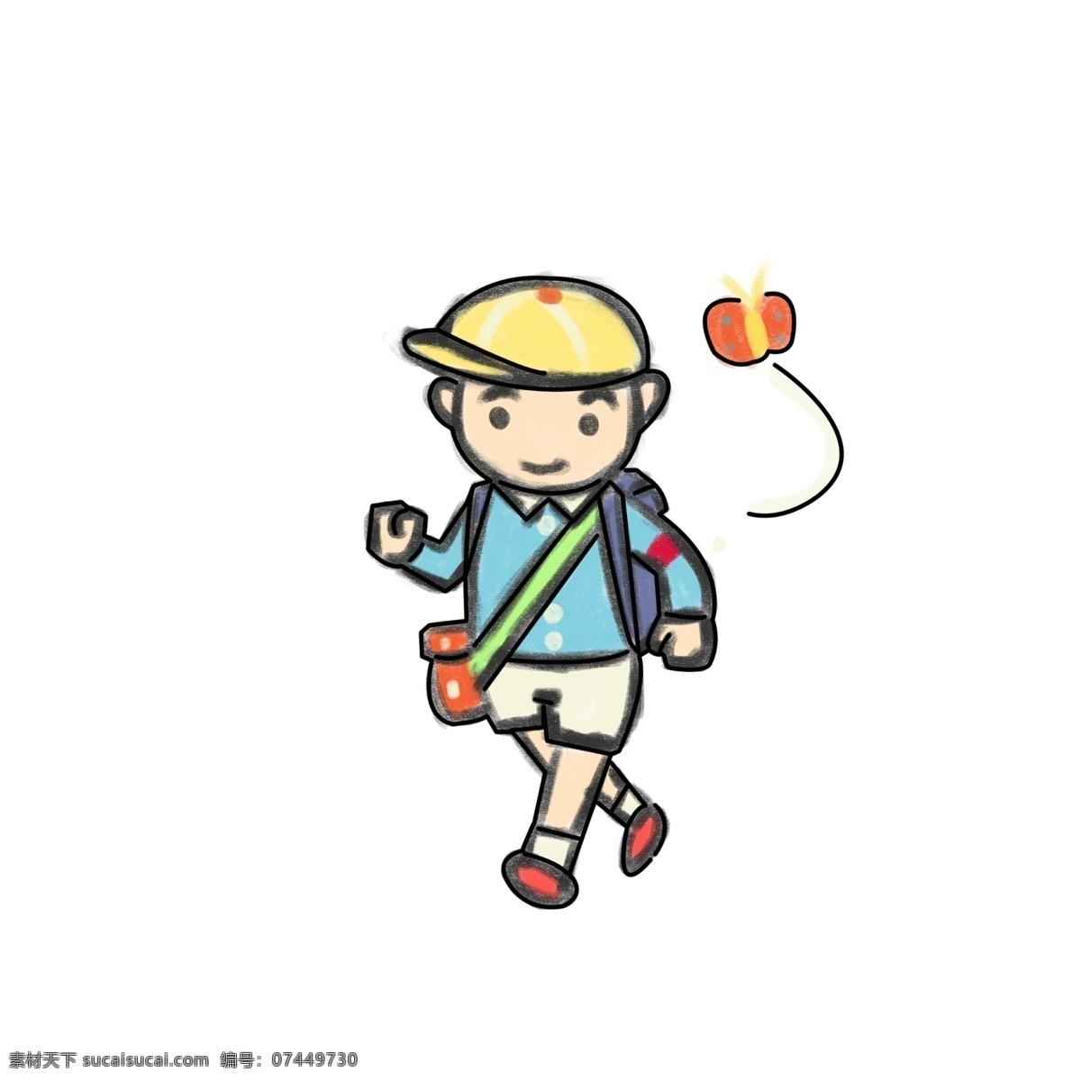 清明节 手绘 插图 踏青 背书包的男孩 男孩 学生 清明节踏青 旅游 春天