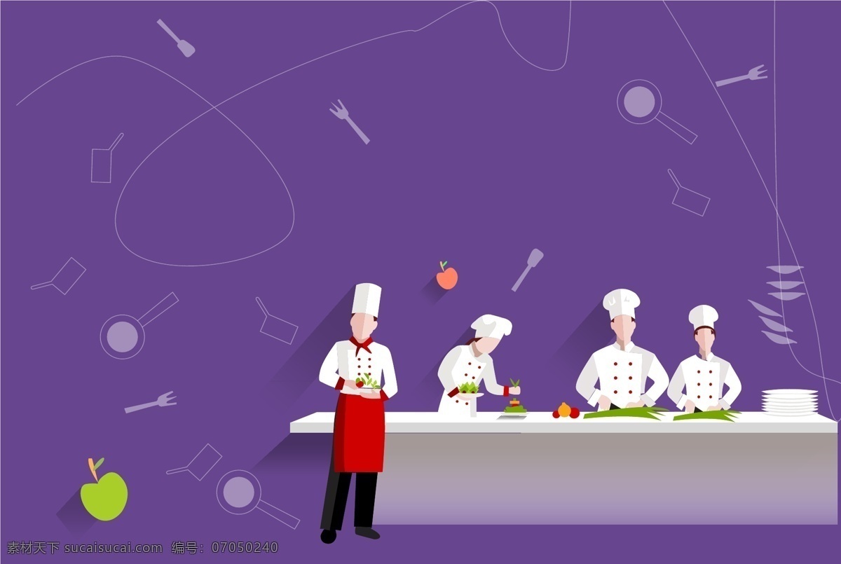矢量 扁平化 餐饮 厨师 背景 紫色 渐变 几何 烹饪 扁平