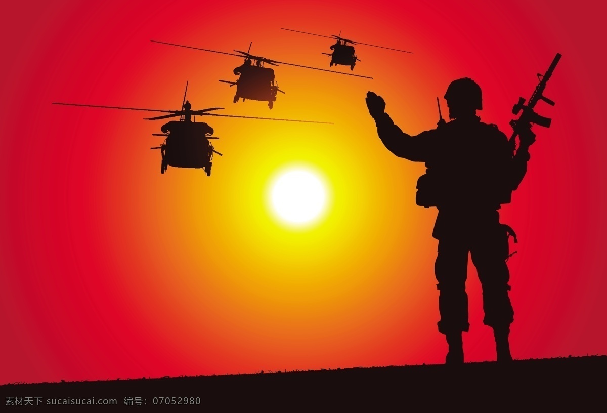 士兵 直升机 剪影 矢量图 夕阳 战机 战场 红色