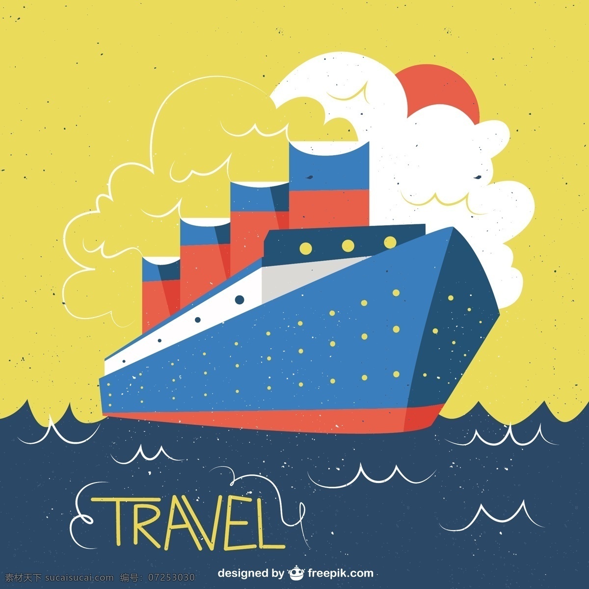 船舶 老式 风格 说明 复古 旅游 太阳 世界 海洋 天空 图标 平面 云 交通 度假 插图 平面图标 旅行 节日 黄色