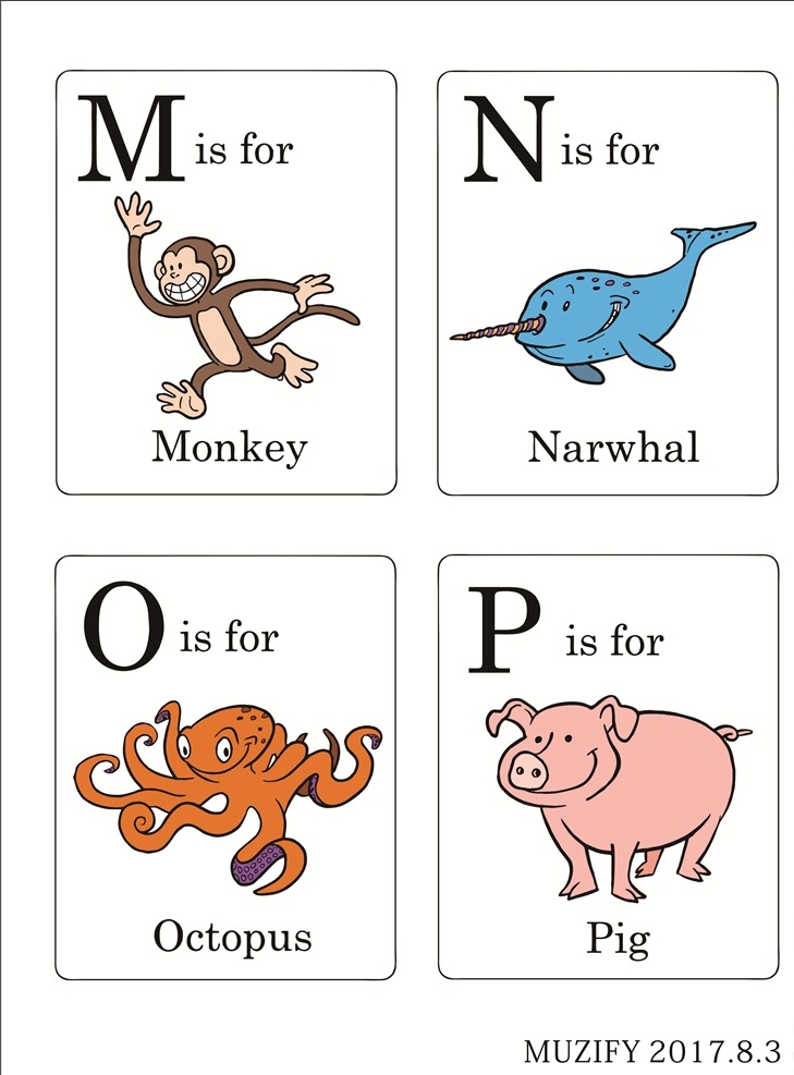 m n o p 字母学习卡 图片卡片 教学卡片 猴子 鲸鱼 章鱼 小猪 卡通图案 文化艺术 绘画书法