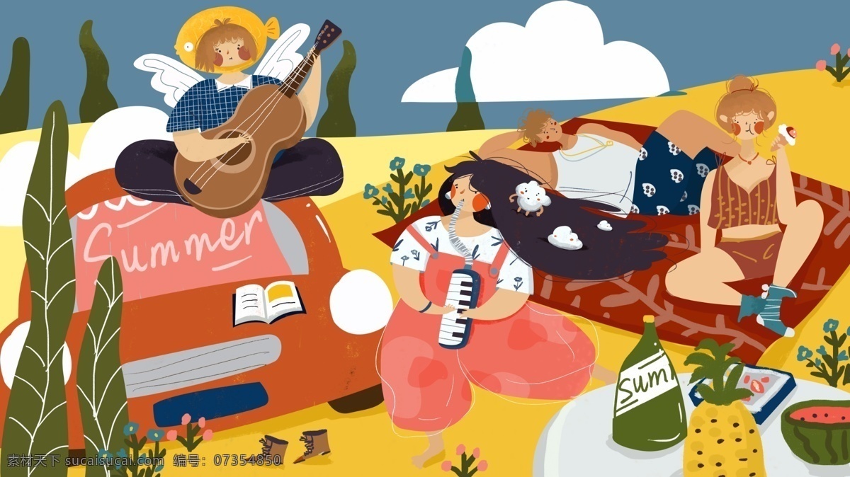 夏日 海边 派对 旅行 聚会 插画 汽车 弹吉他女孩 沙漠派对 饮料 水果 长发 吹 口琴 女孩 吃 冰淇淋 比基尼 晒太阳的男生