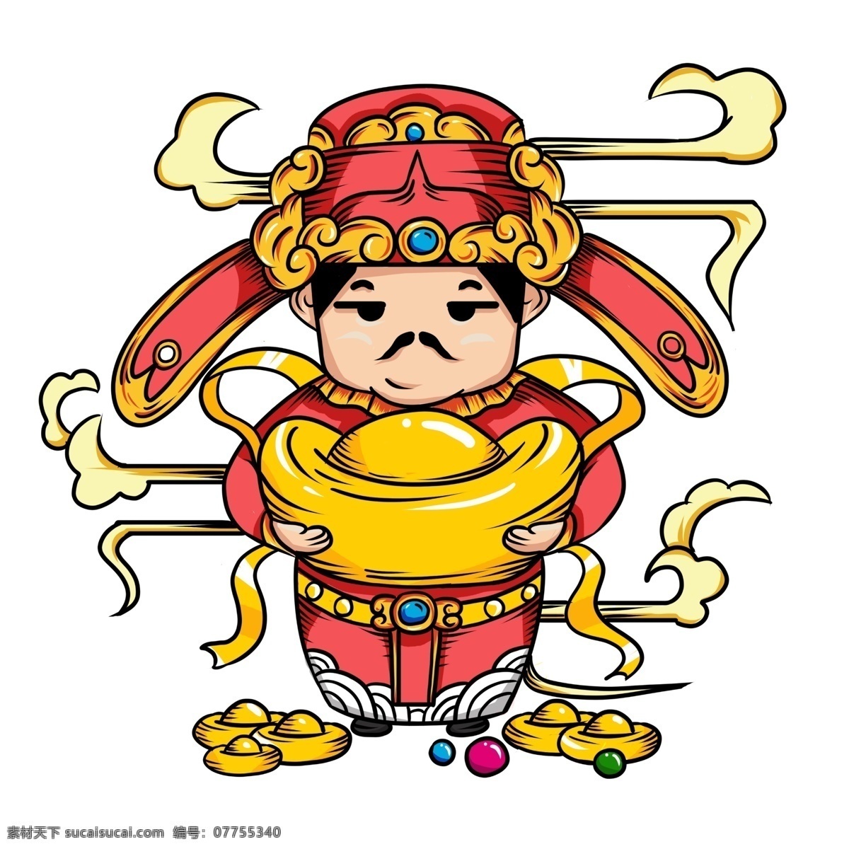 中国 风 手绘 财神爷 招财进宝 中国风 传统 元宝 发财 红包 财神 金币 钱 猪年 生肖 祥云 钱币