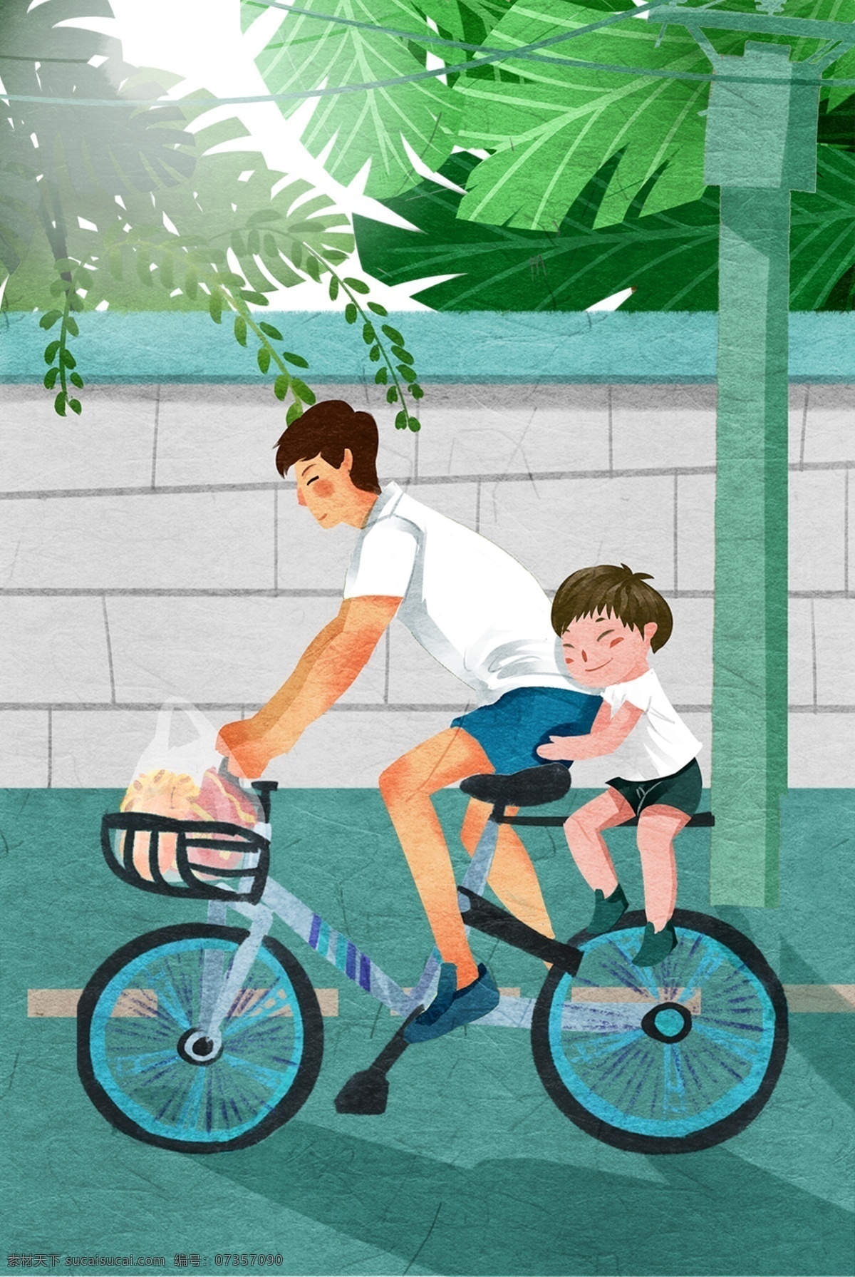 父亲节插画 父亲节 插画 手绘 自行车 汽车 亲子 招贴设计