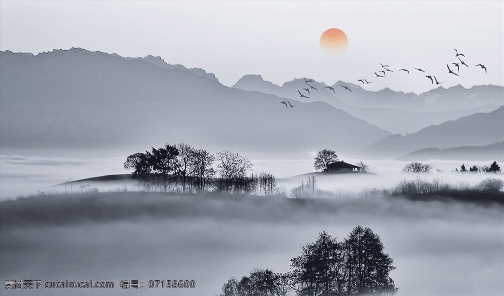 水墨山水 大雁 太阳 背景墙 电视背景墙 现代背景墙 简约背景墙 沙发背景墙 分层