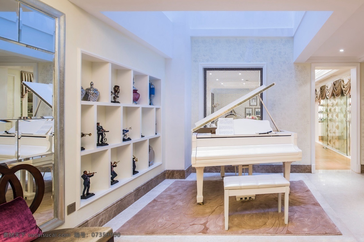 白色 优雅 复古 美式 书房 效果图 白色钢琴 木地板 射灯 室内设计 室内装修 玩偶摆件
