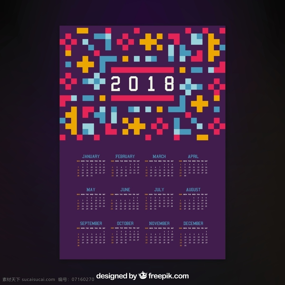 2018 日历 几何图形 模板 几何 形状 颜色 数字 时间 计划 时间表 日期 日记 年 日 月 周计划 每周 每日