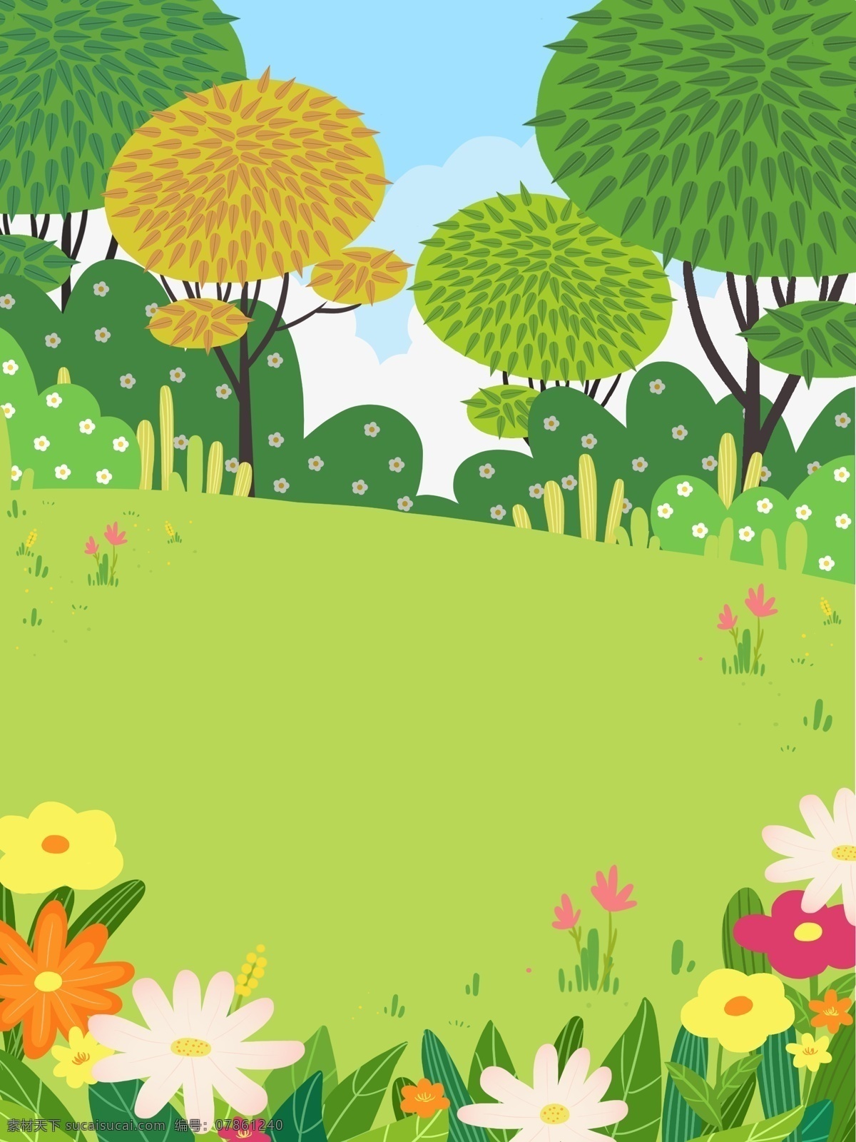 卡通 草地 植物 花朵 背景 树枝 彩色 创意 装饰 设计背景 海报背景 简约 图案