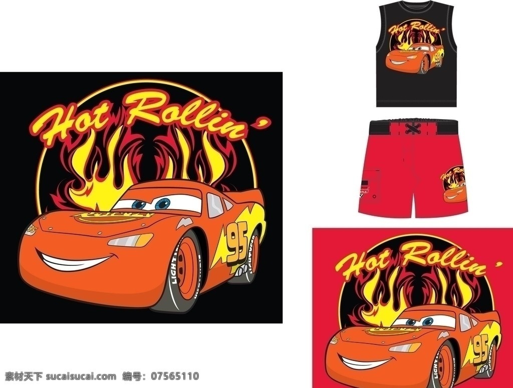 动漫车 矢量 车 卡通车 95车 hot rollin 红色车 童装印花 印花图案 其他设计