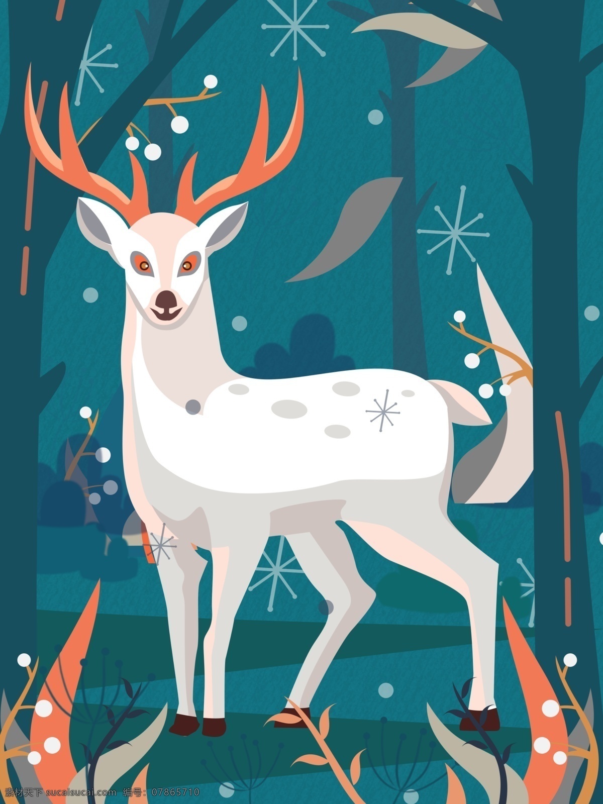 原创 插画 自然 印记 中世纪风格 邮票 植物 动物 鹿 自然灵感 自然印记