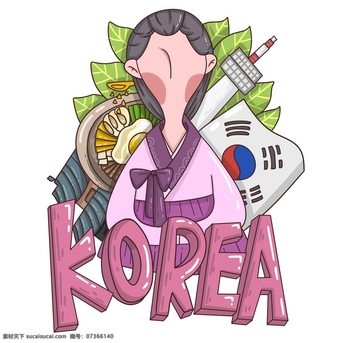潮 漫 卡通 韩国 形象设计 创意 国旗 少女 插画 潮漫 韩国元素 韩国形象