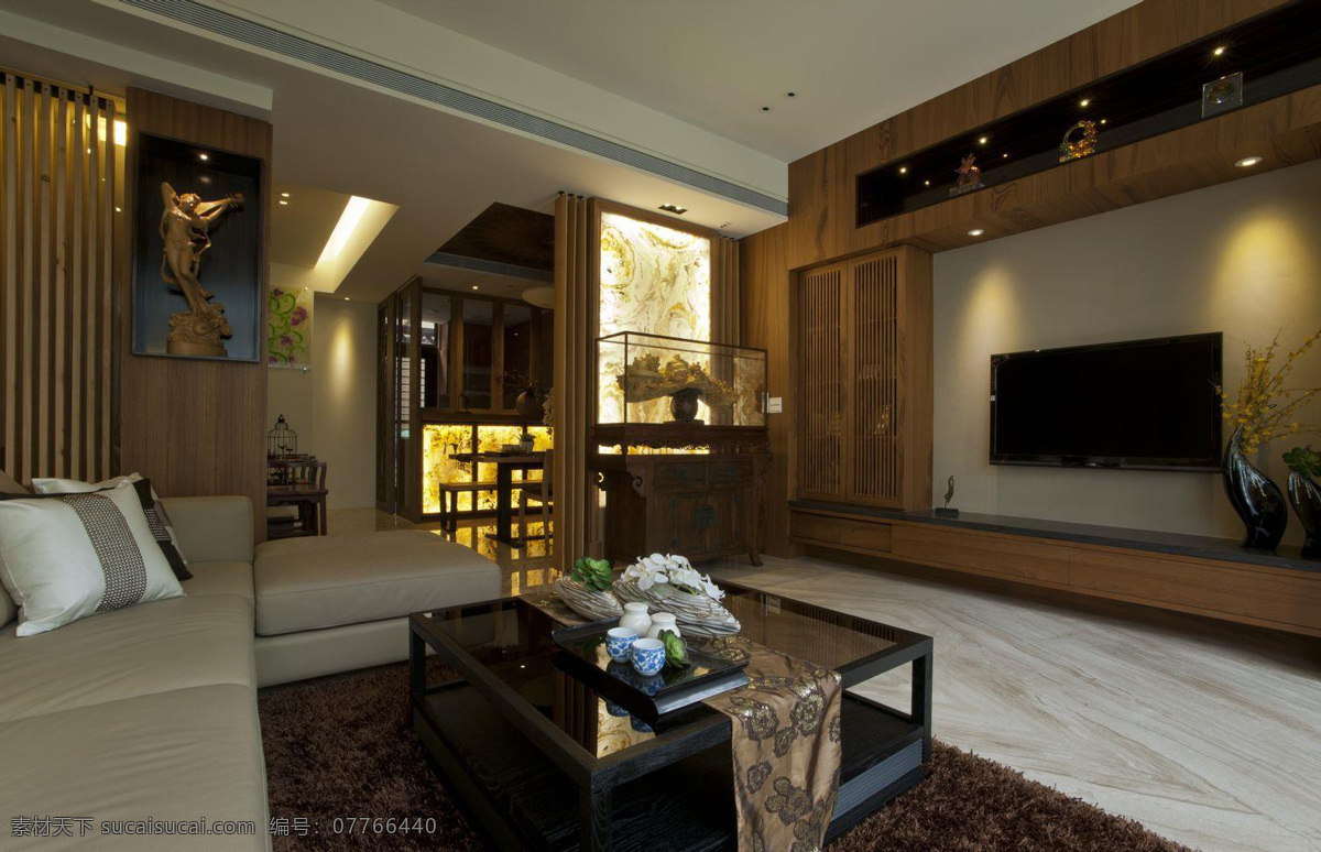 中式 经典 浅色 沙发 客厅 室内装修 效果图 瓷砖地板 玻璃茶几 深色毛地毯 浅色背景墙