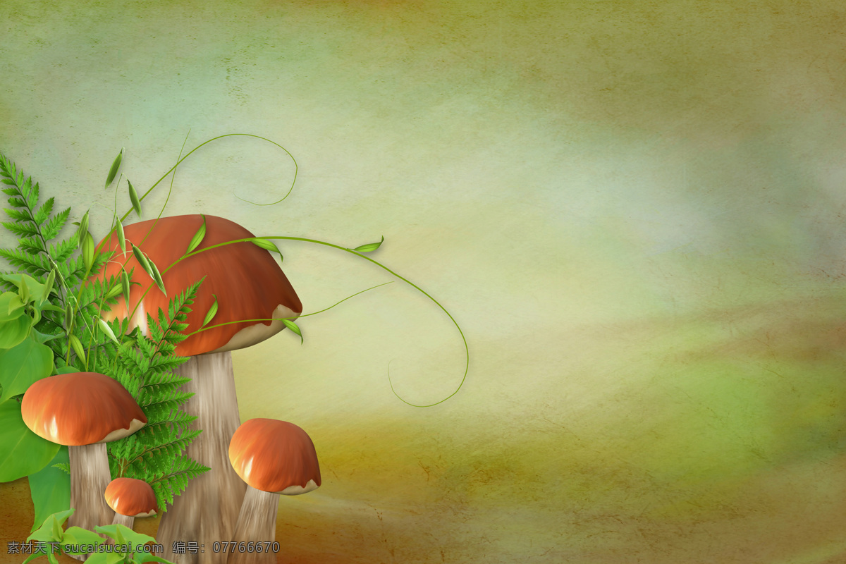 儿童 插画 背景 素材图片 蘑菇 树叶 花朵 鲜花 草地 卡通背景 手绘 山水风景 风景图片