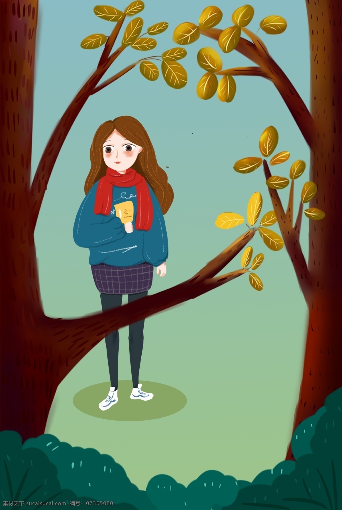 秋天 树林 女孩 服装 上 新 背景 海报 秋天的树林里 长发女孩 秋款上新 手绘 卡通 文艺 展板展架