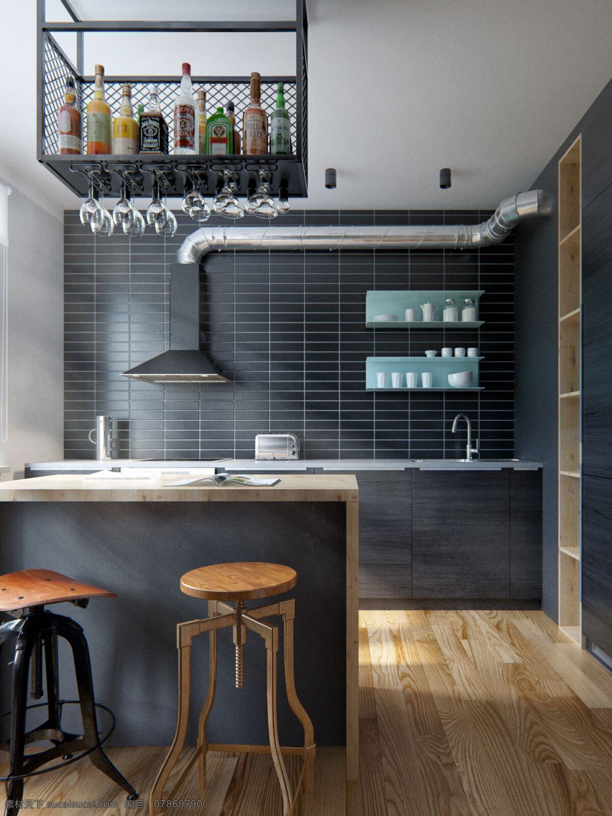 经典 大气 美式 厨房 黑色 砖墙 装修 效果图 时尚 高雅