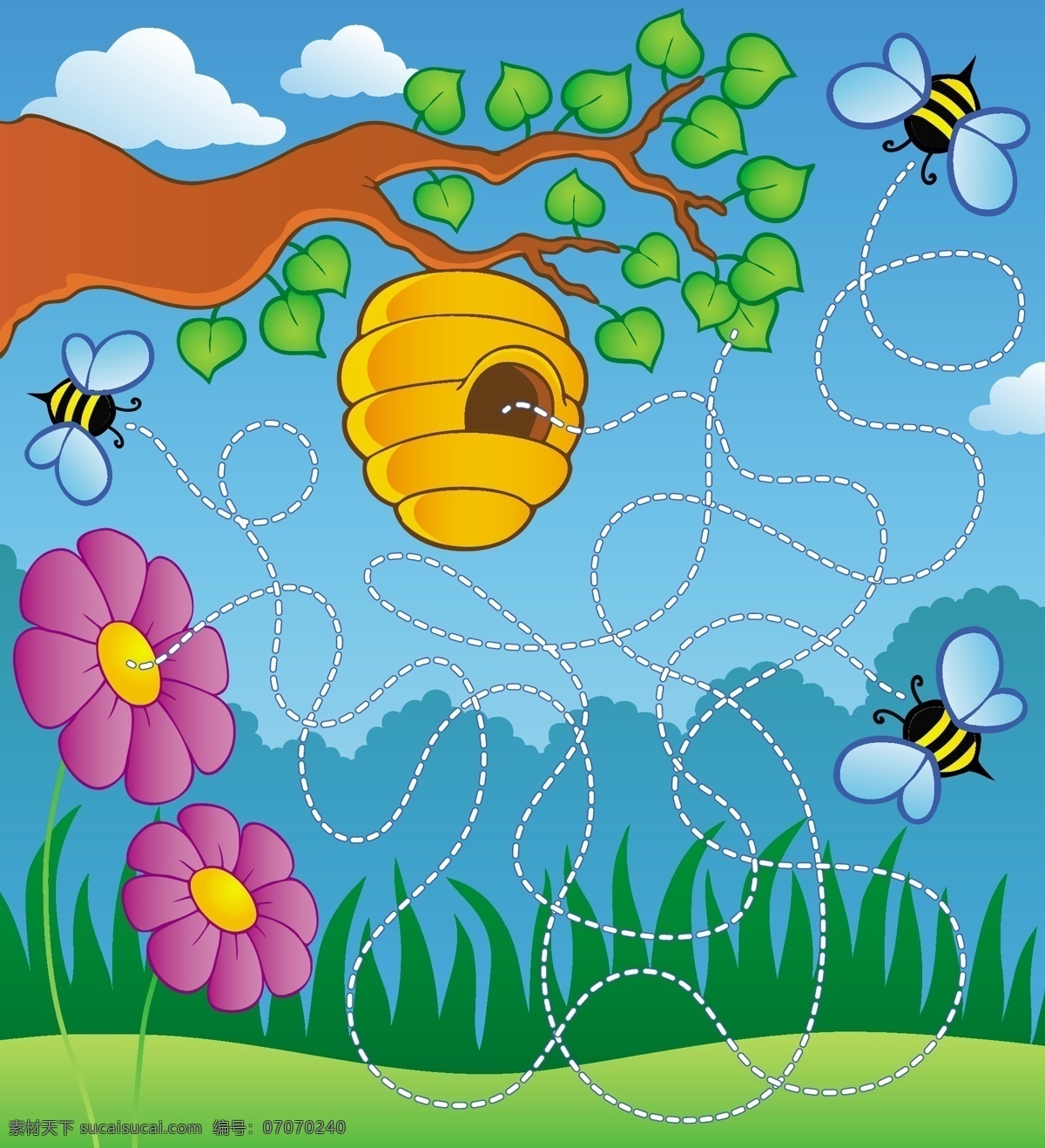 迷宫插图 手绘卡通插画 蜜蜂 蜂巢 采蜜 儿童绘画 卡通背景 背景底纹 文化艺术 绘画书法