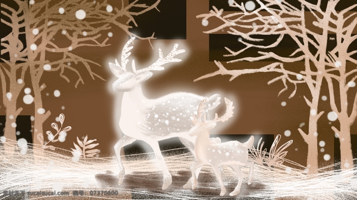 森林 雪地 鹿 驯鹿 圣诞 枯树 下雪 亲子 插画 装饰画 壁纸 手机壳 叙事性 插图 流光溢彩