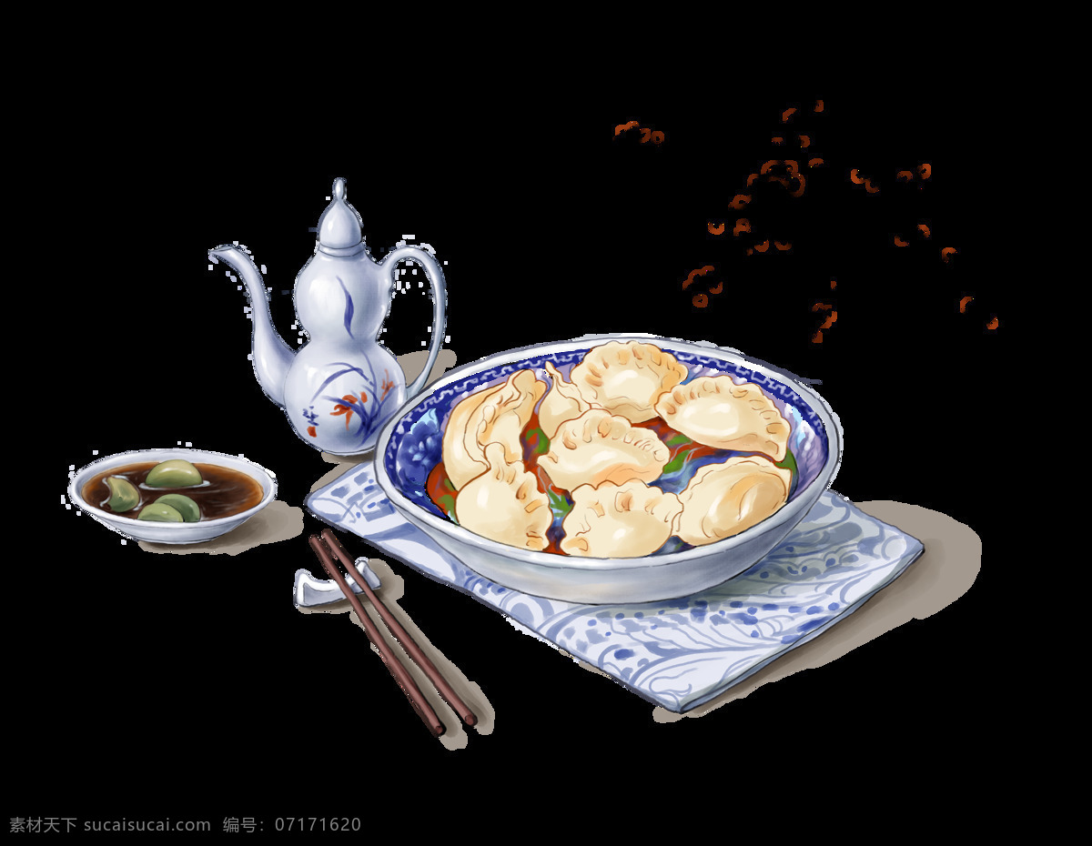 手绘 卡通 水饺 装饰 食物 筷子 碗 调料 冬至 碟子