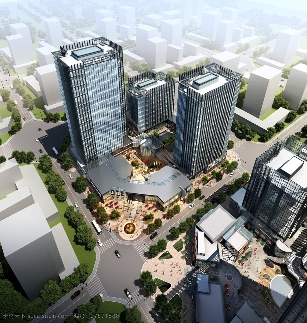 建筑 鸟瞰 效果图 商业建筑 汽车 树木 广场 草坪 人 建筑效果图 路灯 道路 分层 水晶石素材 文件 源文件