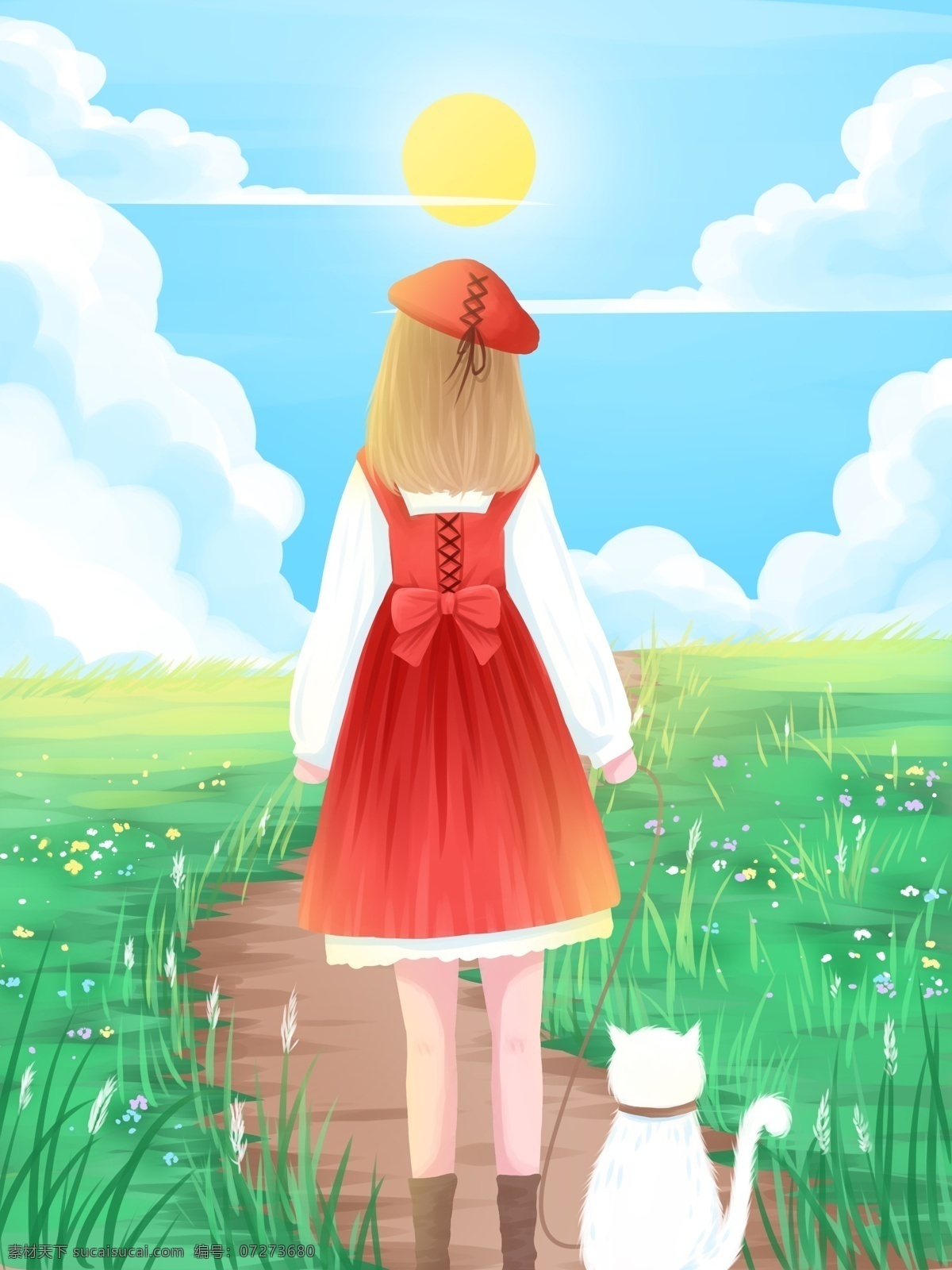 早安 你好 清新 水彩 插画 早晨 小路 上 散步 女孩 蓝天 白云 草地 壁纸 早安你好 清晨 阳光 花 草 猫 小红帽 红裙子 治愈 日签