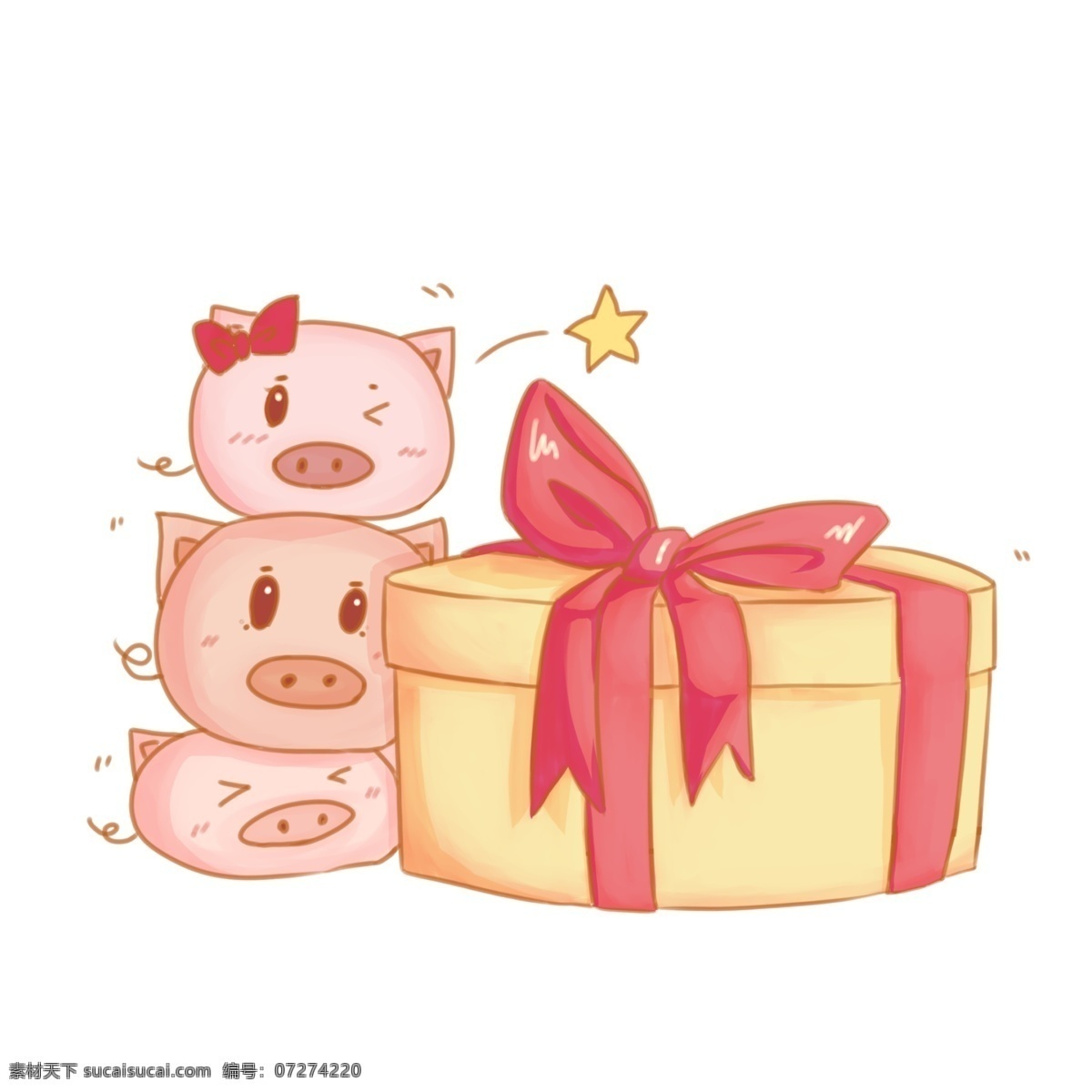 送礼 卡通 手绘 插画 小猪 粉色的小猪 黄色 三只小猪 礼物 礼物盒 蝴蝶结 精致 可爱 手绘插画 小星星 眨眼睛