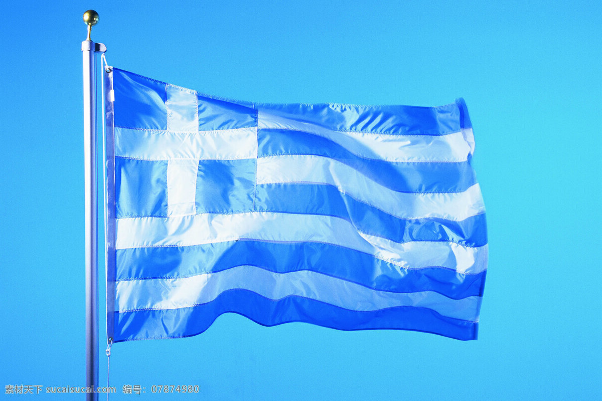 希腊国旗 希腊 国旗 旗帜 飘扬 旗杆 天空 文化艺术 摄影图库