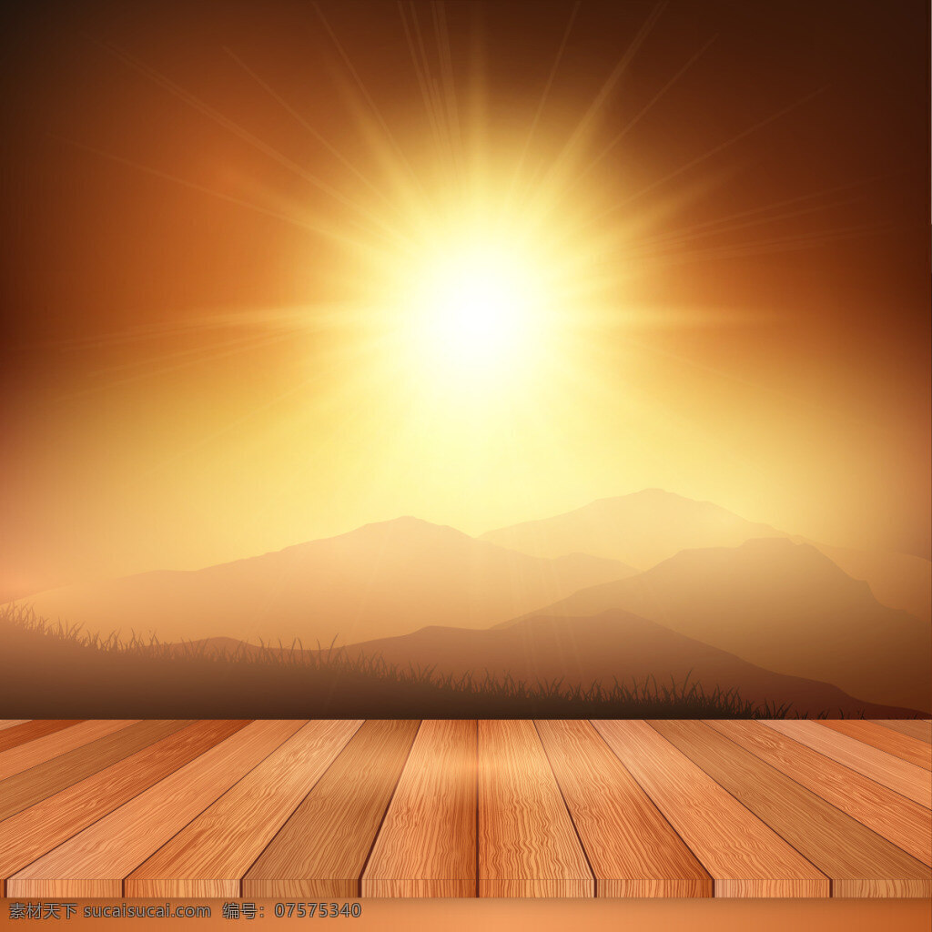 木制 观景台 前 阳光 风景 木板 山脉 木地板 矢量图 远山 金色阳光