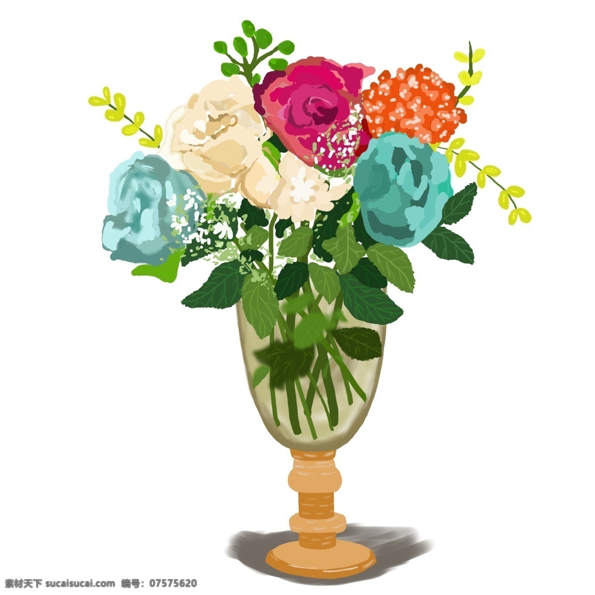手绘 欧式 玫瑰 花朵 元素 绣球 装饰枝条 蓝色 红色 花瓶