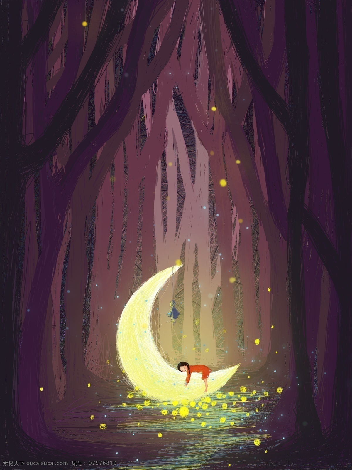 晚安 森林 治愈 线圈 唯美 插画 清新