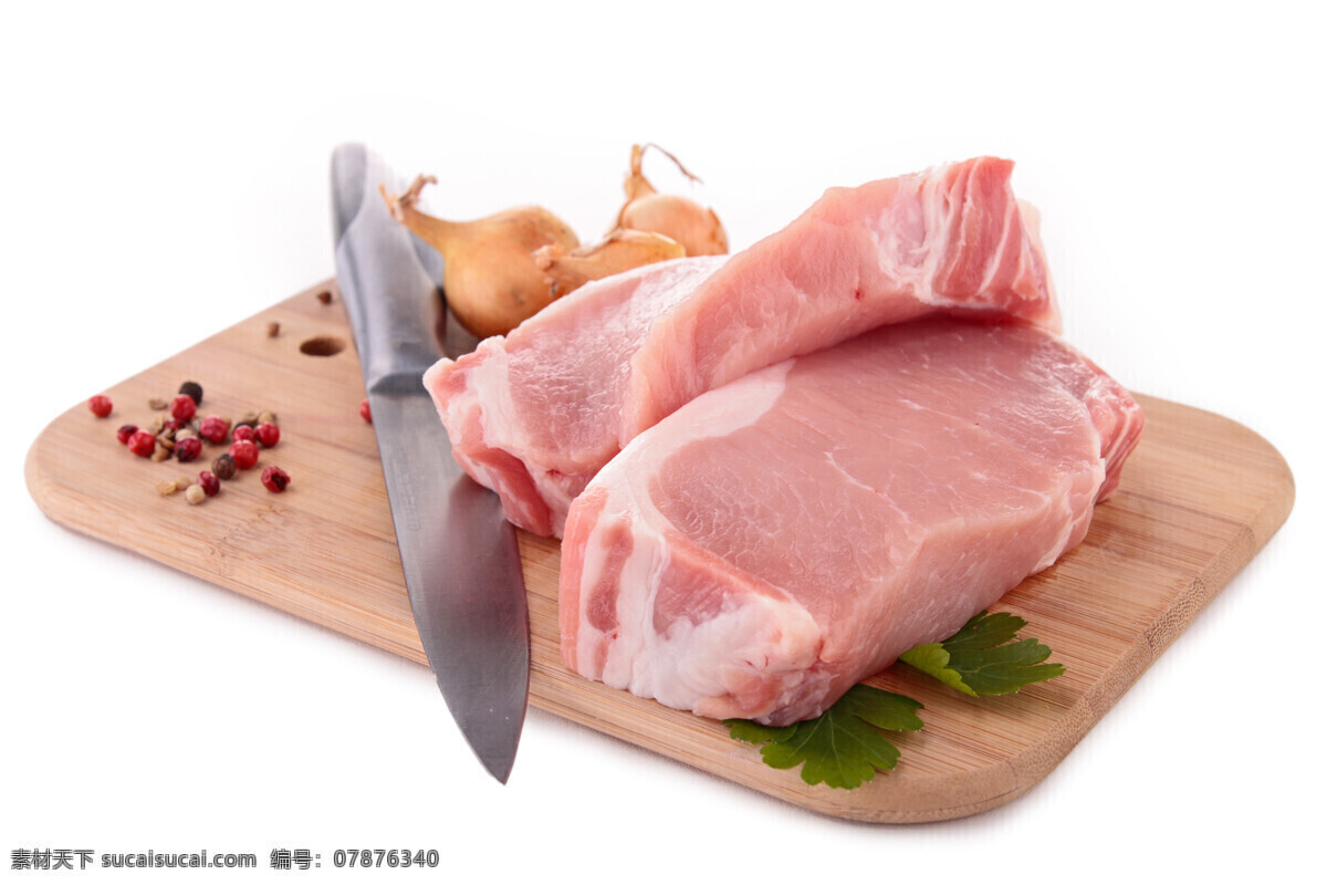 菜板 上 鲜肉 菜刀 瘦肉 猪肉 肉类食材 食材原料 餐饮美食