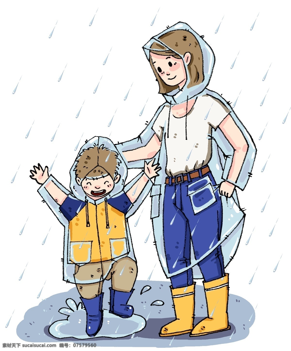 手绘 雨天 玩 水 母婴 插画 母子 下雨天 手绘母婴 母婴插画 雨衣 水坑 母婴插图 雨鞋 雨具 披