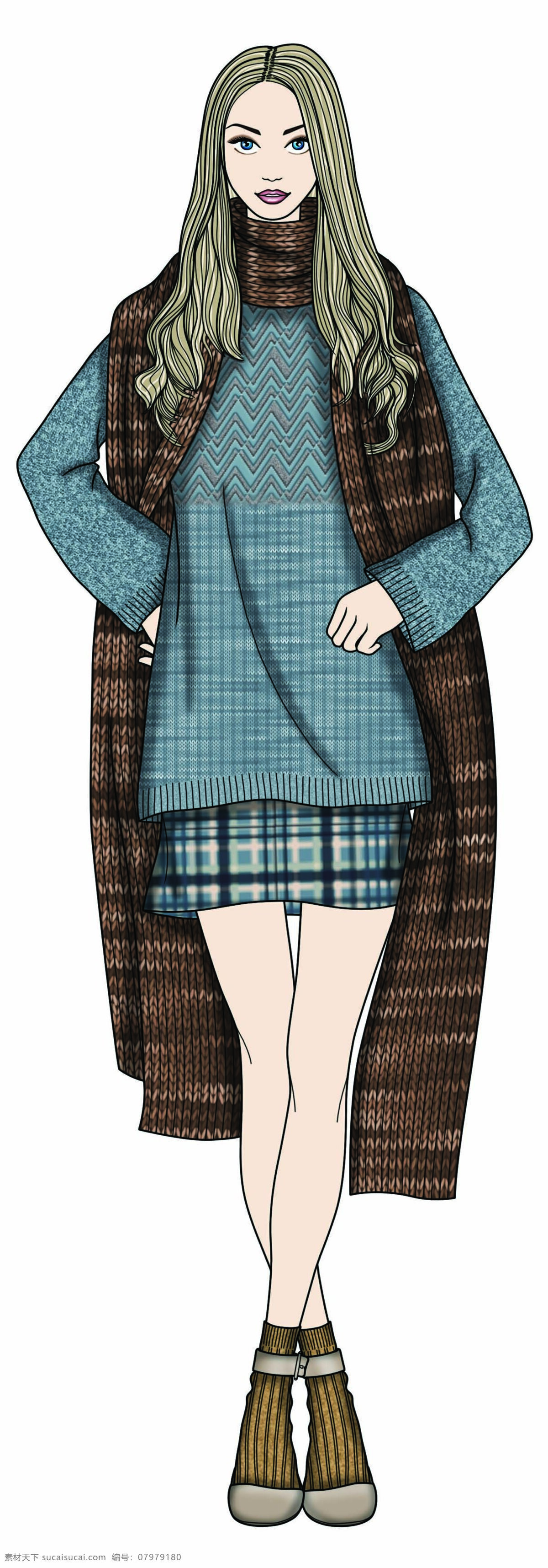 温婉 灰 蓝色 毛衣 女装 服装 效果 服装效果图 格子短裙 裤子 上衣 深色围巾
