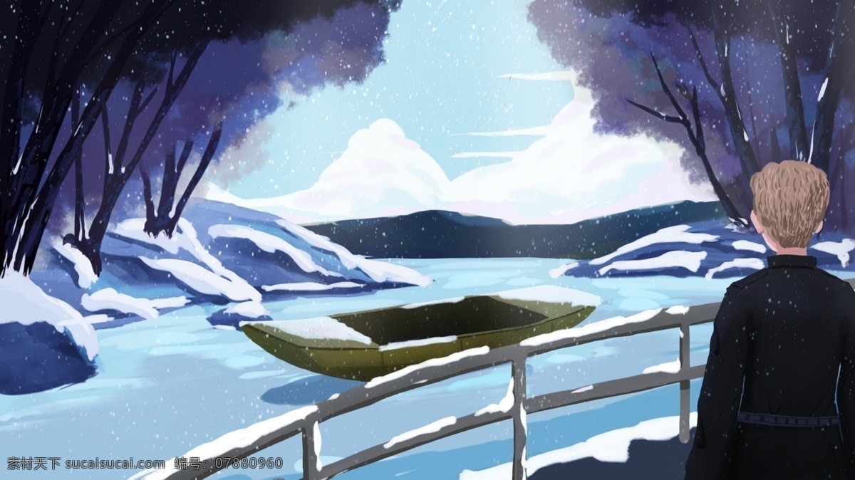 原创 立冬 冬天 下雪 赏 景 治愈 驳船 美景 插画 冬季 公园 湖 雪 积雪 赏景 湖面 观赏 欣赏 感受