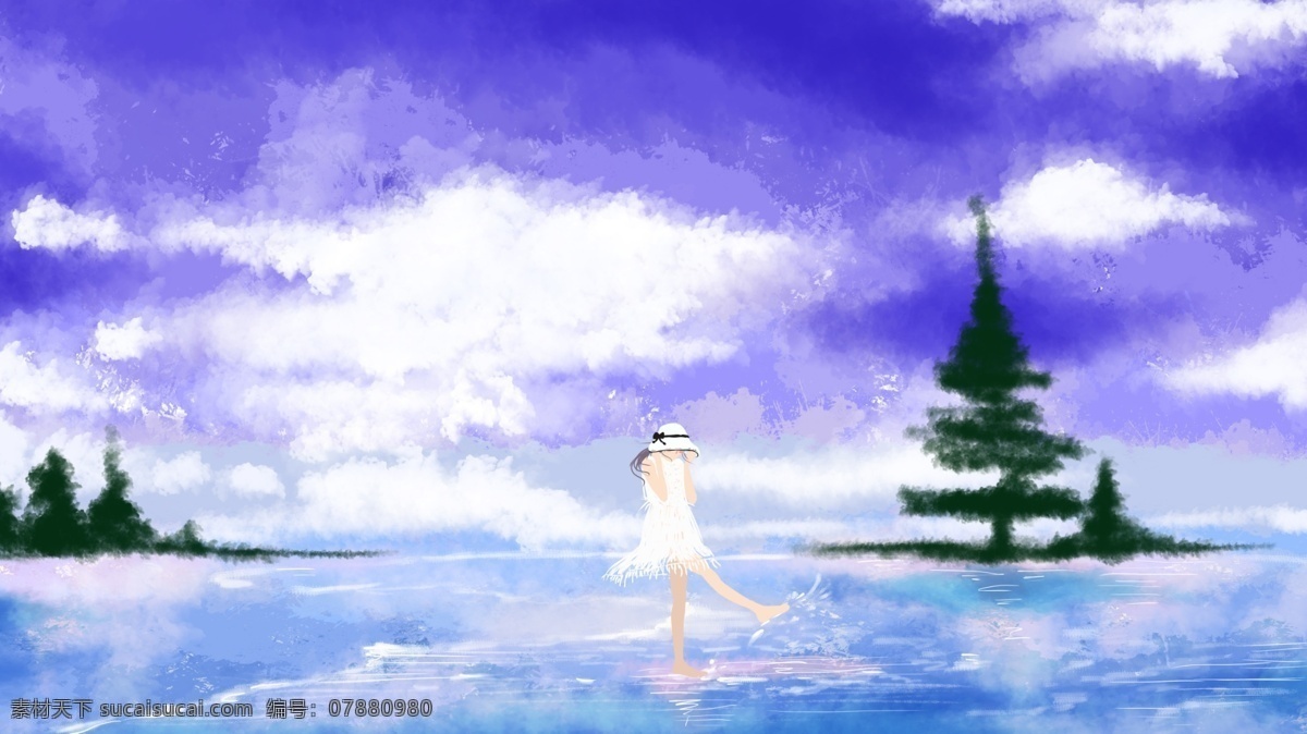 夏至 海边 小女孩 小 清新 插画 大海 小清新 白云 蓝色 紫色 一个人的旅行 玩耍 树 草丛 倒影 海浪 姑娘 早安 夏天 帽子 天空 自己 随意 更换 颜色 色 选 ctrlu 水彩 手绘 渐变 邻近色 小暑 大暑