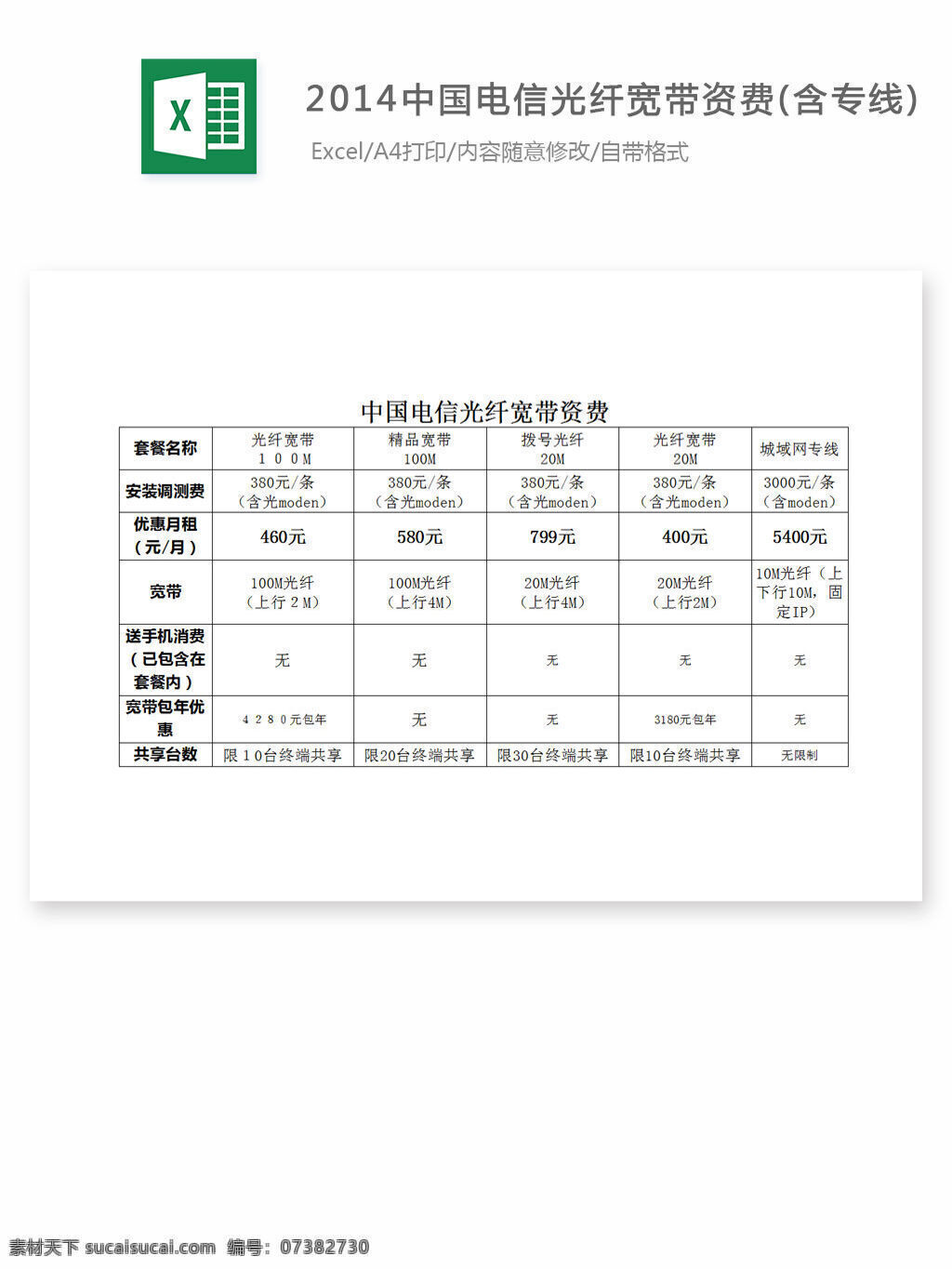 2014 中国电信 光纤 宽带 资费 含 专线 excel 表格 表格模板 表格设计 图表 宽带资费