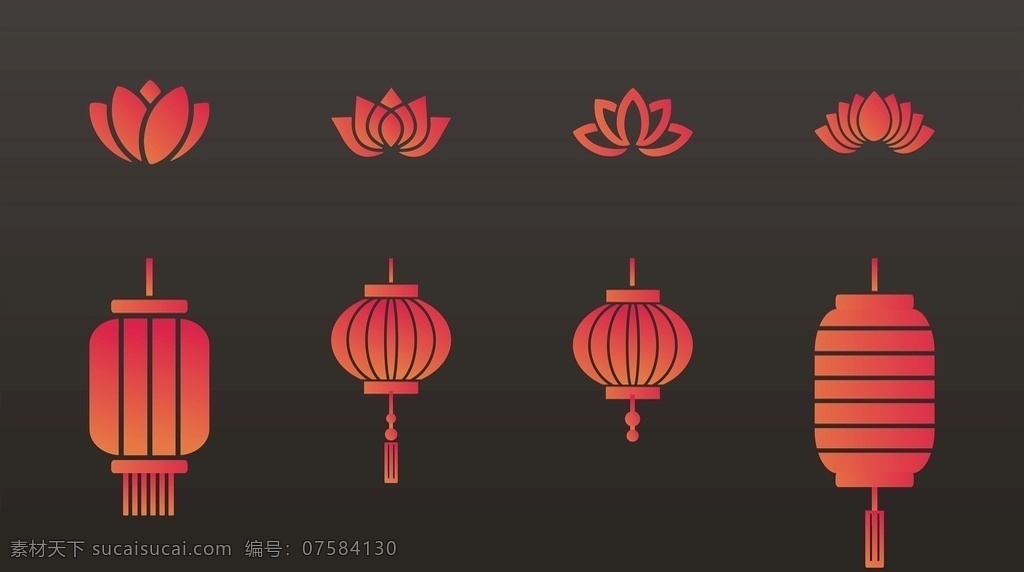 中式 荷花 莲花 灯笼 矢量 国风 喜庆 文化艺术 节日庆祝