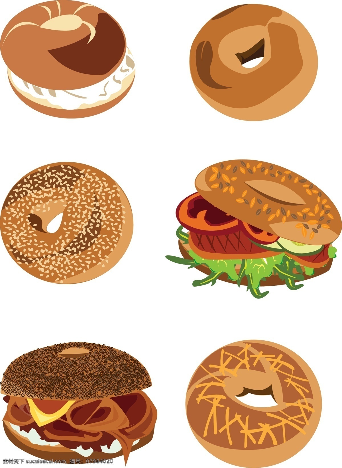 卡通 矢量 手绘 甜甜 圈 面包 汉堡 卡通矢量 早餐 面包片甜甜圈 培根肉 三明治 芝士酱 食物 美食 野餐