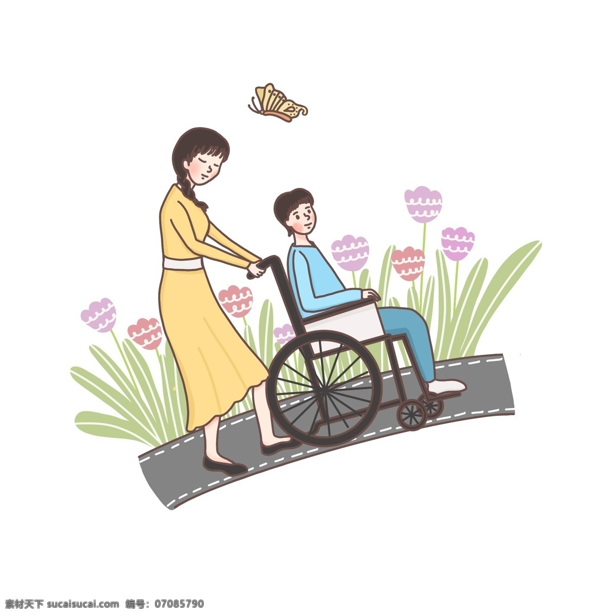 原创 手绘 帮助 残疾人 上坡 轮椅 场景 鲜花 人物 马路 腿脚不便