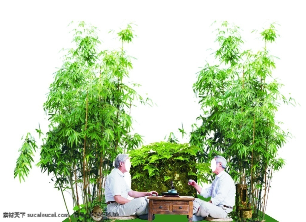 情景美陈布置 竹子 绿色 山林间喝茶 生态 悠闲生活 下午茶 树墩 老人喝茶 养生 茶道 茶文化 室外广告设计