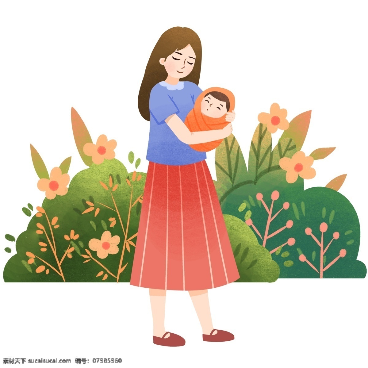 母亲节 人物 婴儿 插画 抱 母亲 黄色的宝贝 黄色的小花 绿色的叶子 植物装饰