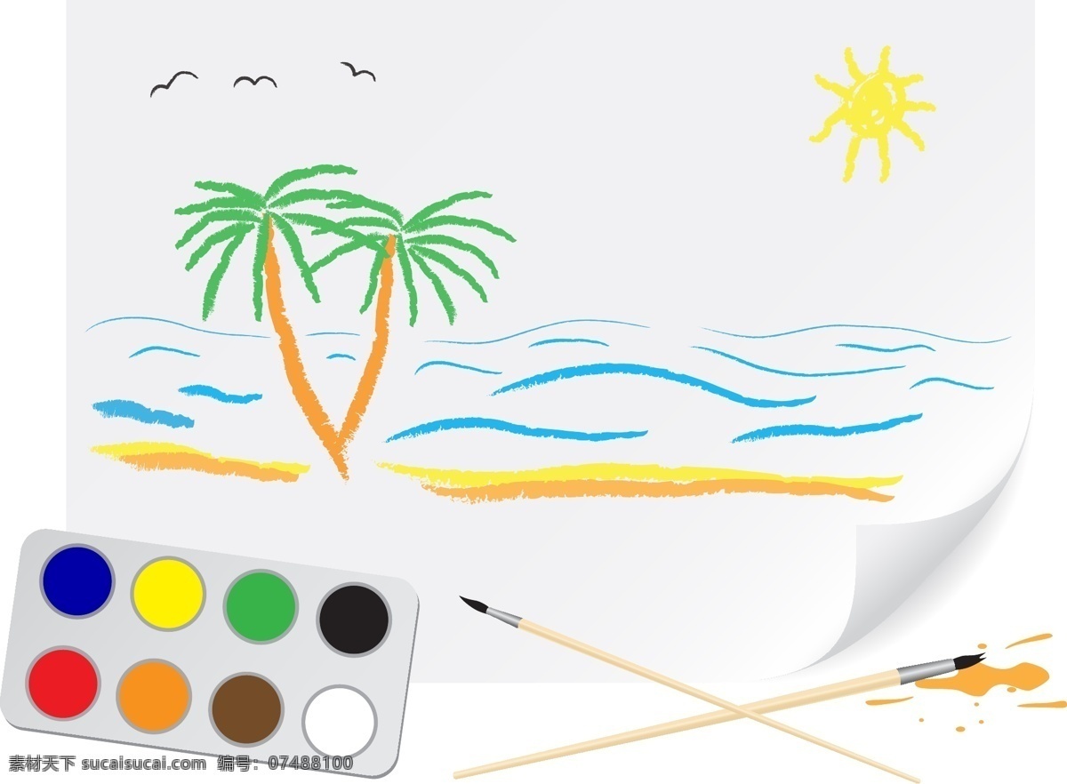 卡通 风格 可爱 儿童画 矢量 材料 大海 房子 孩子 绘画 人物 树木 天真 涂鸦 心形 阳光 图 矢量图 矢量人物