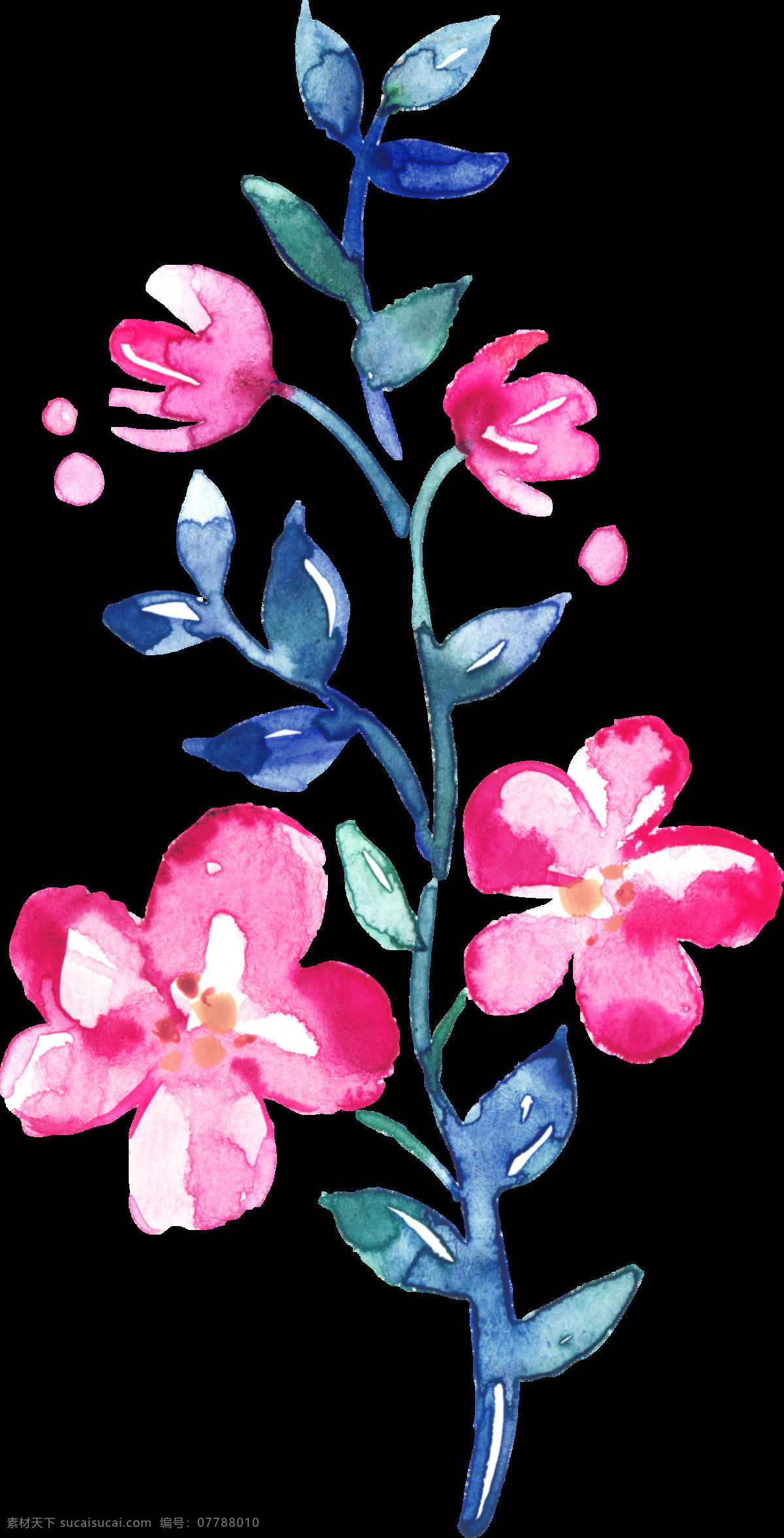 手绘 晶莹剔透 花朵 透明 卡通 玫红色 蓝色 娇嫩 装饰图案 免扣素材