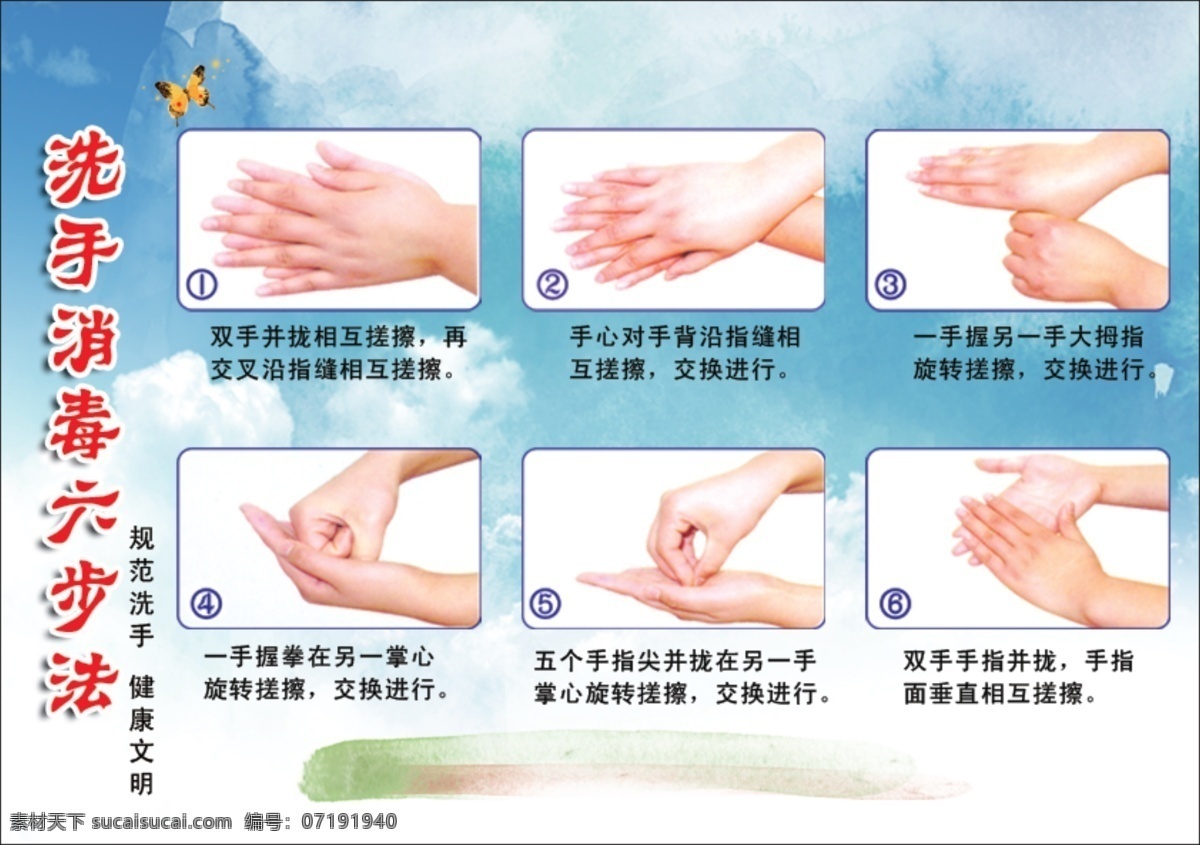 正确 洗手 六 步法 手 预防 疾病 神 掌 绿色 学校 示意图 洗手步骤 白色