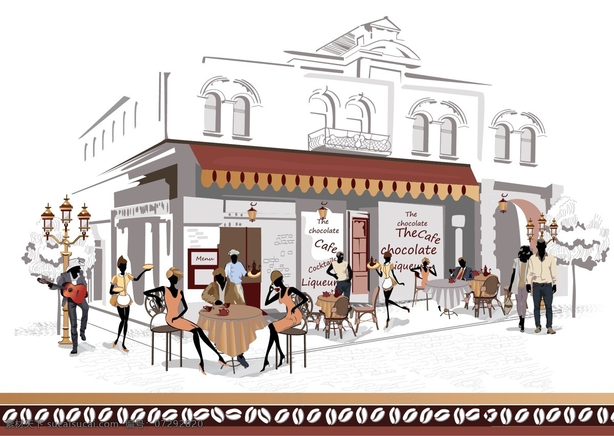 手绘 欧洲 建筑 风景 插画 手纸 咖啡厅 街角 休闲 人物