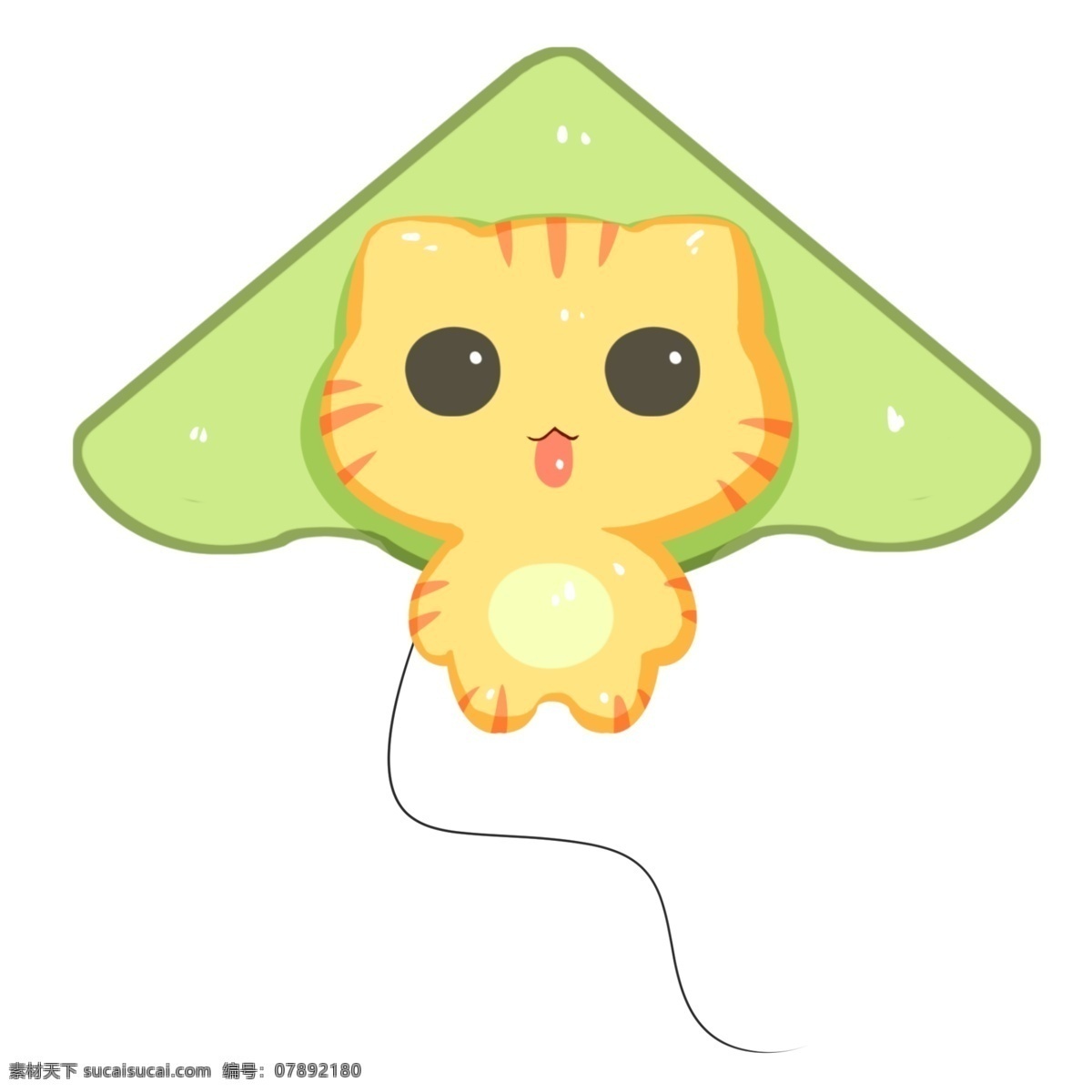 绿色 小猫 风筝 插画 黑色的绳子 手绘小猫风筝 卡通小猫风筝 漂亮 可爱