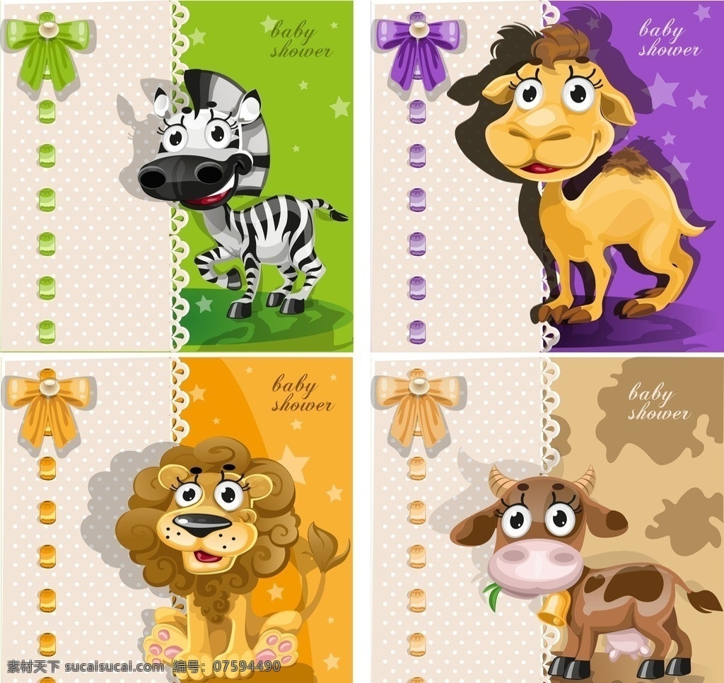 卡通动物 卡通动物卡片 矢量素材 儿童卡片 卡片设计 蝴蝶结 骆驼 牛 狮子 斑马 制作 矢量
