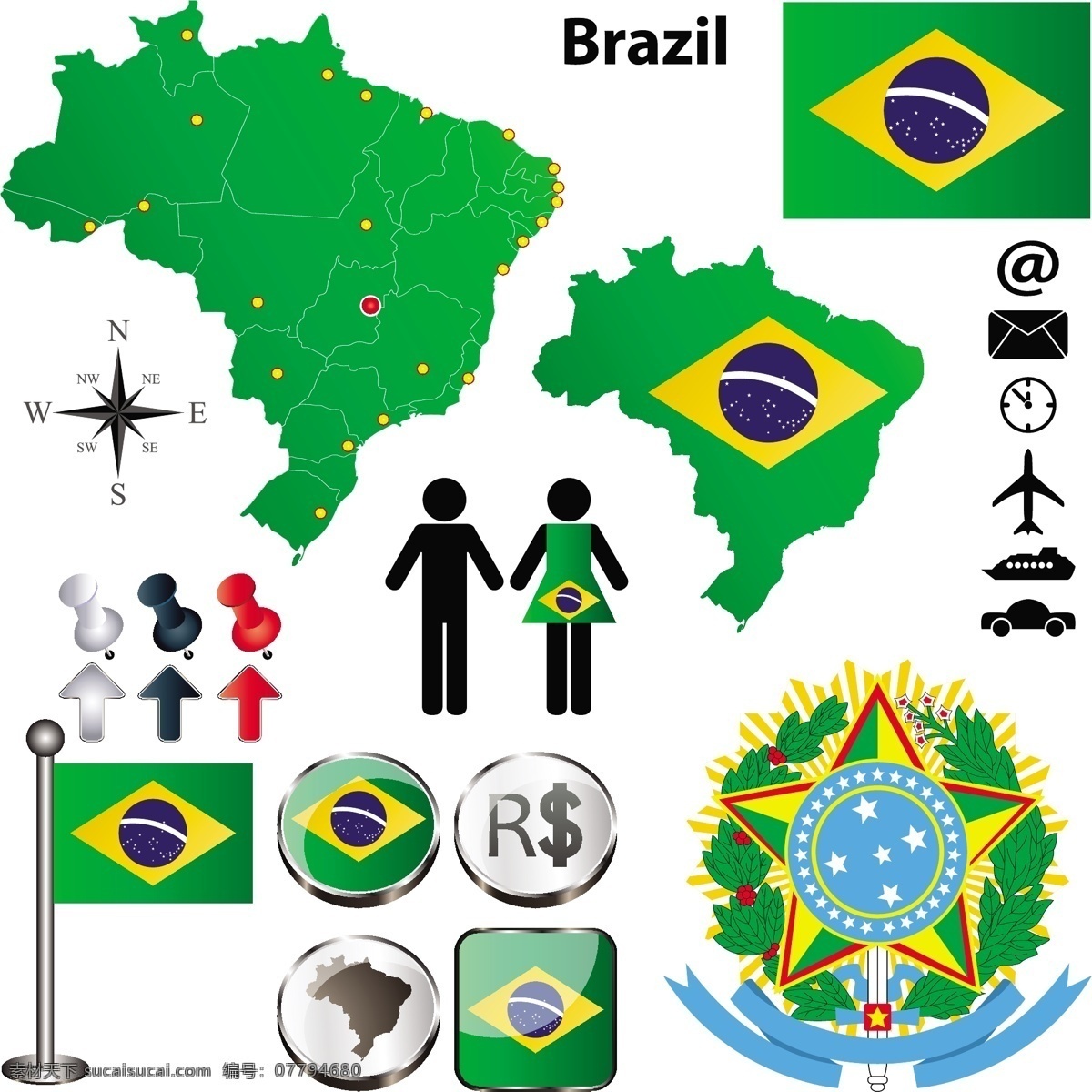 巴西地图国旗 巴西国旗 地图 国旗图标 立体按钮 图钉 国徽 空间环境 矢量素材 白色