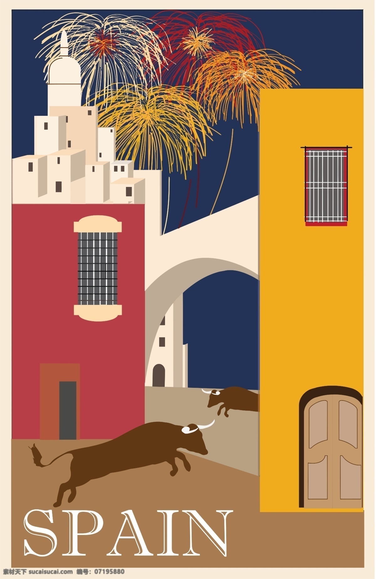 城市 烟火 旅行 卡通 绘画 海报 西班牙 公牛 烟花 复古 建筑 牛 模板 天空 抽象 几何 线条 背景 红色 白色 黄色